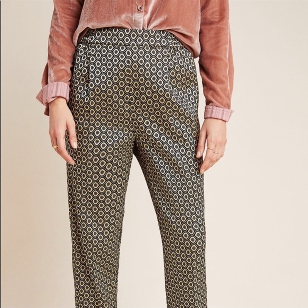 ANTHROPOLOGIE Larkin Gold Jacquard Trousers Pull-on Pant High Waist Size Small